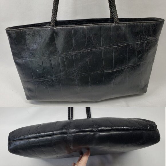 💲⬇️A.Giannetti Black Croc Embossed Leather Shoulder Tote 3 Comp Braided Handles - Picture 4 of 13